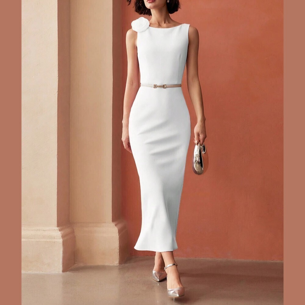 White Flower Applique Sleeveless Bodycon Maxi Dress